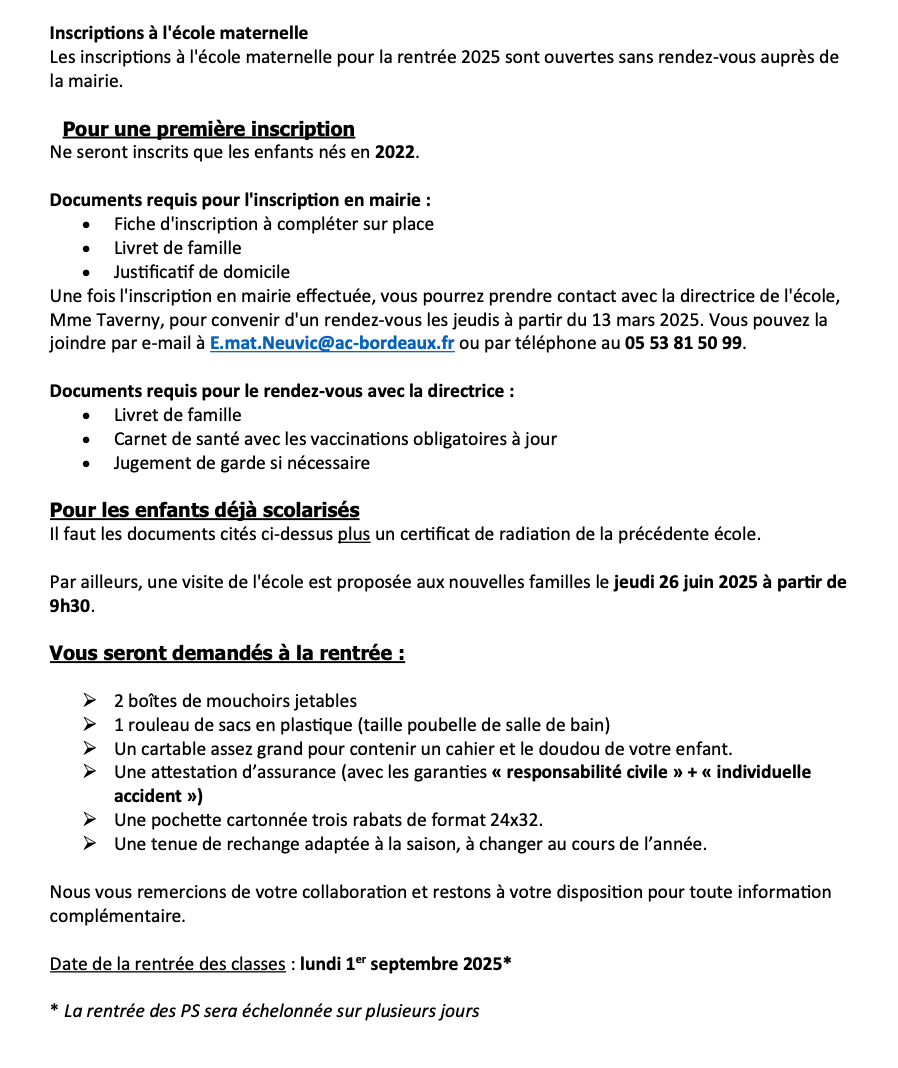 inscription école maternelle 2025